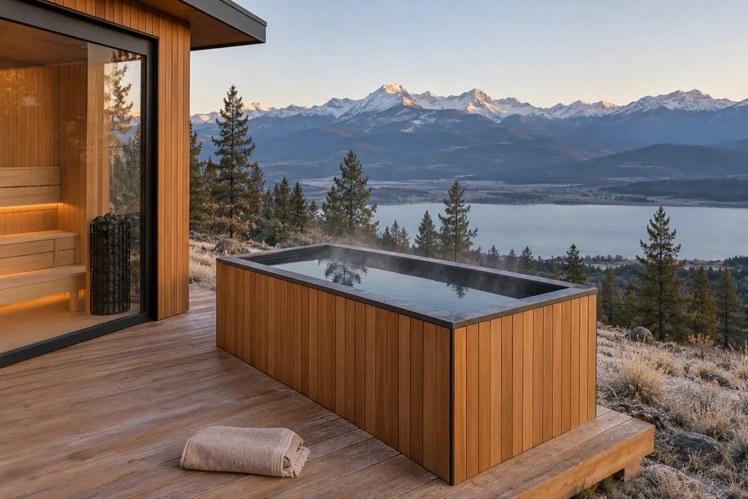 A thermo-aspen cold plunge on a cedar deck beside a sauna, with mist rising off the water on a frosty morning above the lake