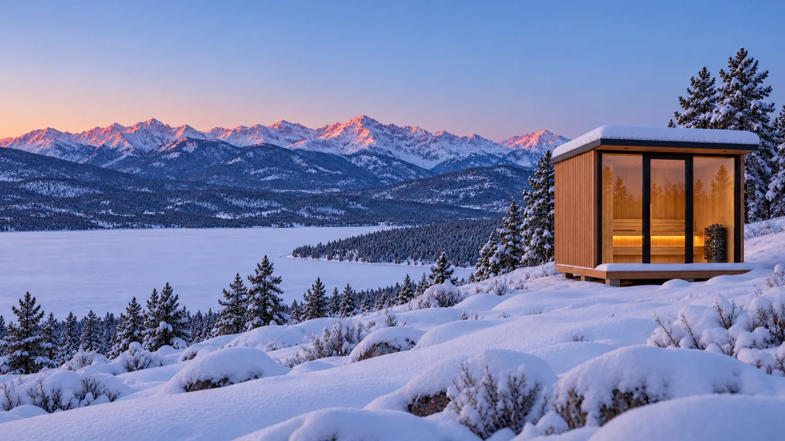 A glass-front sauna on a snowy bench above the frozen lake at blue hour