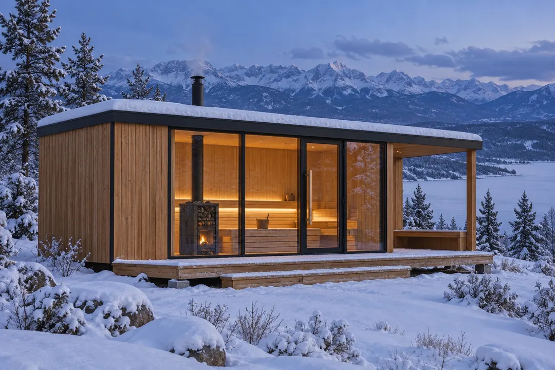 A wood-fired sauna glowing in deep snow at dusk