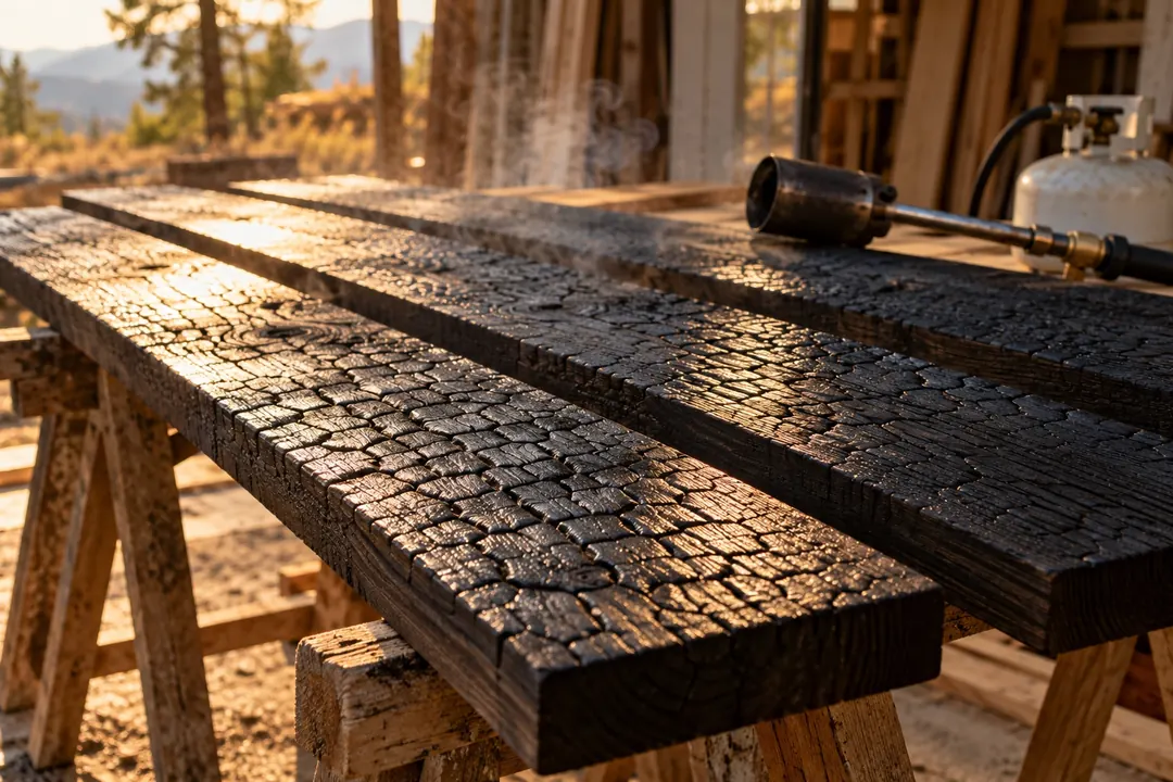 Freshly charred cedar boards on sawhorses with a torch beside them